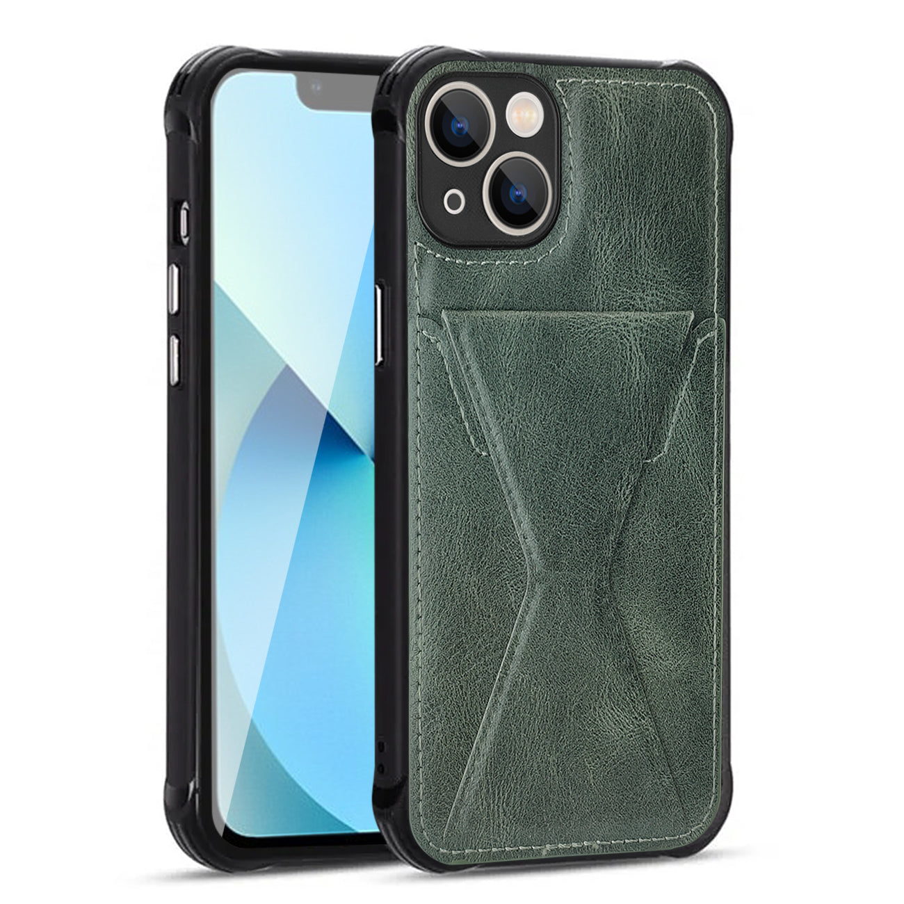 TPU Leather Phone Case for Apple iPhone 13 with Card Holder Strap In Green